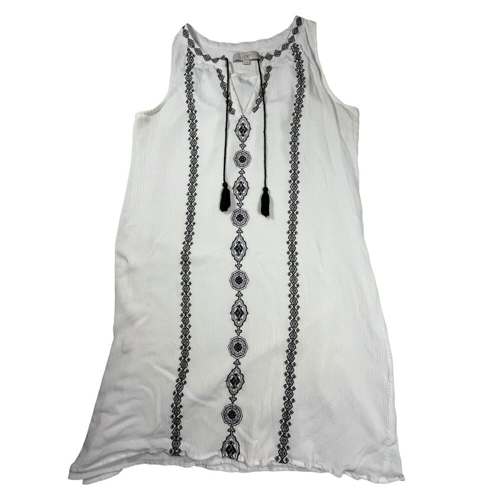 LOFT Women’s Embroidered Sleeveless Blouse White Black Boho Large